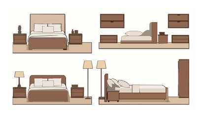Fototapeta premium Bedroom interior vector set with bed and furniture shown from various views