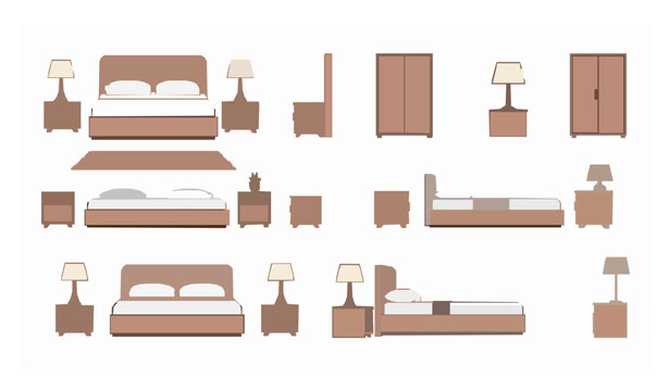 Bedroom furniture set from multiple angles modern interior vector illustration