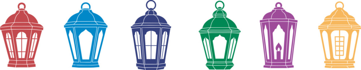 Vibrant lanterns in a row a colorful display of red blue purple green and orange hanging lights © MUHMUDABEGUM