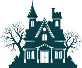 Haunted victorian mansion with turrets and bare trees on a spooky night © MUHMUDABEGUM