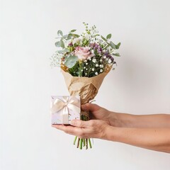 hands holding gift and flowers
