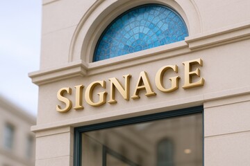 Obraz premium Elegant Gold Signage Mockup on Building Facade with Ornate Architectural Details and Reflected Window