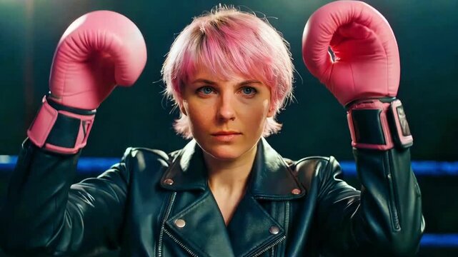 Determined female boxer with vibrant pink hair and large pink boxing gloves poses confidently inside a dimly lit boxing ring ready for a fight