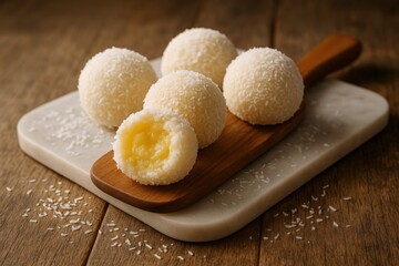 Delicious Coconut Truffles with Creamy Filling on Marble and Wood Board, Perfect for Dessert Presentation