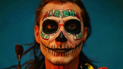Man with elaborate calavera sugar skull face paint smiles intensely against a vibrant blue background celebrating day of the dead traditions