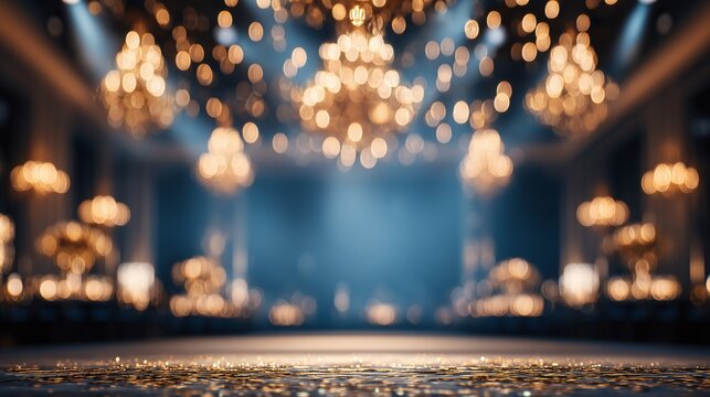 Elegant luxury dinner gala night poster design, crystal chandelier glowing warmly in the background, fine dining tableware, wine glasses, space for text, bokeh lights, and event poster.