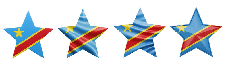 Set of four Democratic Republic of the Congo flag stars, patriotic national symbols, DRC star shape decorations, isolated on white background, 3D render, holiday PNG.