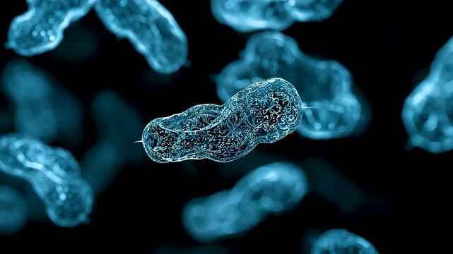 Microscopic view of blue rod shaped bacteria floating in dark laboratory environment
