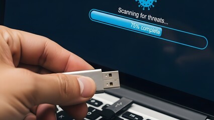 USB Drive Being Scanned for Threats on Laptop.