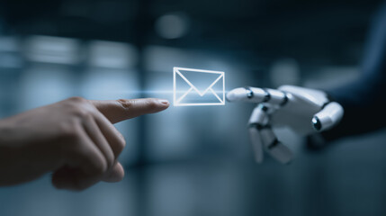 A Futuristic Alliance: Human Hand and Robotic Arm Converge, Sharing Data with Email Icon.