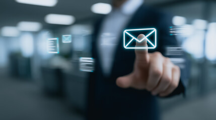 A professional individual engages with a digital interface, activating email technology.