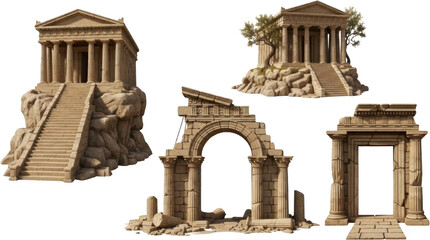 Ancient stone temple structures including temples on rocky outcrops a ruined triumphal arch and a broken doorway entrance suggesting classical antiquity ruins Architecture Archway Column