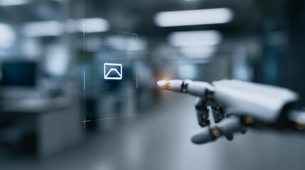 In a futuristic setting, a robotic hand interacts with a virtual interface, suggesting advancements in technology and artificial intelligence. The scene, shot with a modern perspective.
