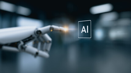 A robotic hand interacting with a digital interface, activating an AI function.