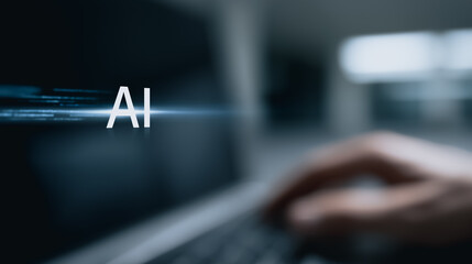 A digital art shows AI text floating in front of a laptop computer with a person using it. A futuristic scene blends technology and artificial intelligence seamlessly.