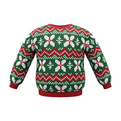 A festive green, red, and white knitted Christmas sweater with a snowflake and geometric pattern.