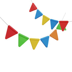 A colorful string of triangular bunting flags in red, green, yellow, and blue, suspended against a white background.