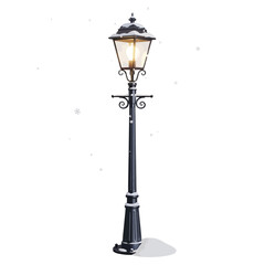 A vintage black lamppost with a lit bulb stands tall against a white background with falling snow.
