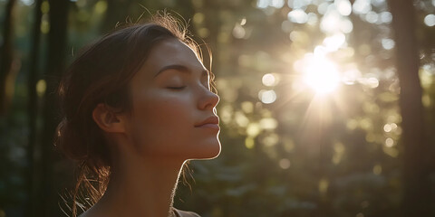 Woman Practicing Mindfulness Amidst Dappled Sunlight in Lush Forest | Nature Connection and Spiritual Renewal | Peace, Vitality, and Rejuvenation


