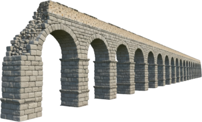 Ancient stone aqueduct structure featuring multiple arches receding into the distance with one section showing significant degradation and ruin atop the sturdy masonry Architecture