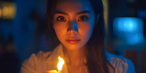 Intimate Moment: Woman Gazing at Candle Flame in Moody Blue Lighting | Contemplation and Emotional Depth | Calm, Mystery, and Inner Peace

