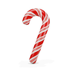A classic red and white striped candy cane, a popular Christmas treat, isolated on a white background.