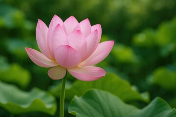 Beautiful Pink Lotus Flower Blooming in a Lush Green Garden, Symbolizing Peace and Spirituality