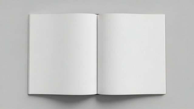 Pristine, blank, and minimalist open book mockup with smooth, matte paper pages gently spread against a soft, neutral gray background, presenting a clean and inviting space for showcasing design