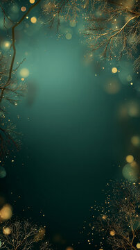 A premium minimalist Christmas background featuring a deep forest green backdrop adorned with soft warm gold bokeh lights, enhanced by very fine dust-like gold sparkle particles floating gently