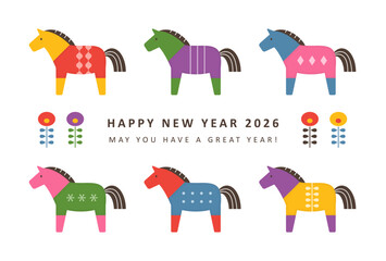 2026年年賀状デザイン　6頭のカラフルでかわいい馬