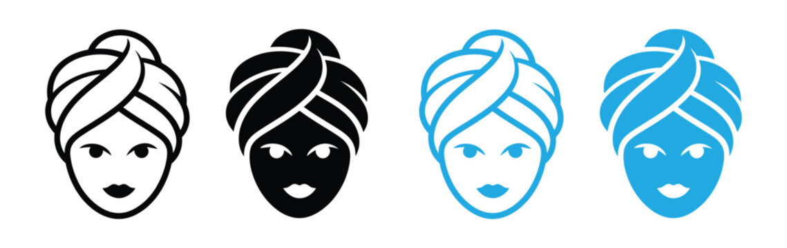Spa woman face icon with towel wrap Vector. Set of facial icons with head wraps in black and blue. 