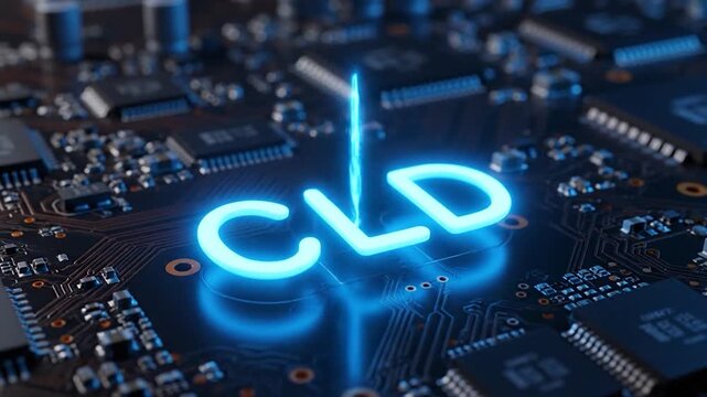 Neon blue padlock and CLD on a circuit board, representing secure cloud technology