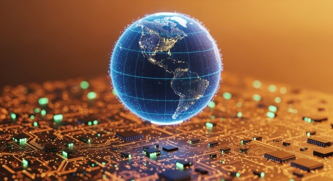 Global Digital Network: Holographic Earth Globe Hovering Above an Advanced Electronic Circuit Board - Powered by Adobe