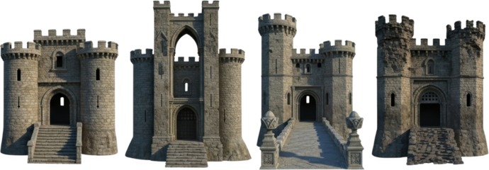 Four distinct medieval castle gatehouse designs featuring stone construction crenellations arrow slits arched entrances and varying approaches like staircases or a bridge Architecture