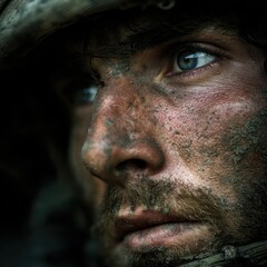 Obraz premium A close-up portrait of a soldier with deep, expressive eyes and a rugged appearance, embodying resilience in challenging conditions.