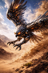 The iron bird is swooping down, ready to pounce on its prey with a sharp gaze