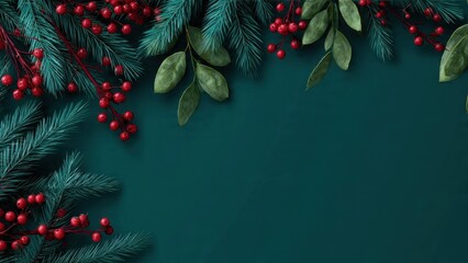 Festive Christmas Background with Blue Pine Branches and Red Holly Berries on Deep Teal. Luxurious Winter Holiday Flat Lay Design with Copy Space for Text or Products.