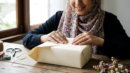 Woman in hijab wrapping gift with brown paper.