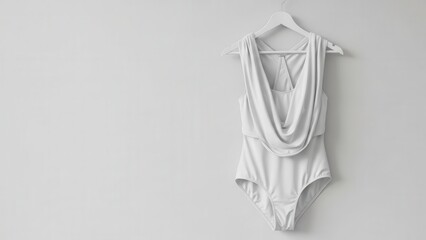 Elegant, minimalist ivory-colored draped bodysuit crafted from a soft, flowing fabric, delicately hanging on a pristine white wooden hanger against a softly lit, neutral gray wall, intended for