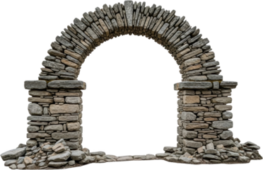 Ancient dry stacked stone archway structure featuring rough hewn granite blocks forming a semi circular opening with scattered rubble stones resting on the ground below 195 characters