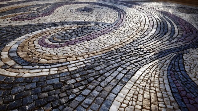 Abstract close-up of a mesmerizing spiral wave pattern formed by textured cobblestone pavement in shades of gray, blue, and beige
