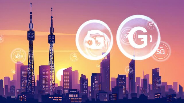 City skyline at sunset with glowing 5G network icons above urban towers