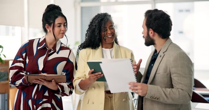 Creative, discussion and people with tablet, office and plan for pr campaign, talk and collaboration. Publicists, teamwork and group with paperwork for project, info and research with tech in meeting