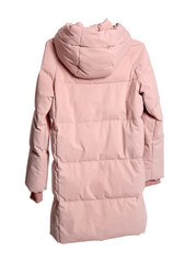 Naklejka premium Hanger with stylish pink puffer jacket isolated on white background