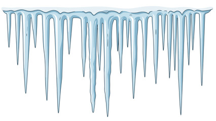 A row of long, sharp icicles hanging down from a solid blue ice formation against a clean white background with a cold and wintry mood. © Anton