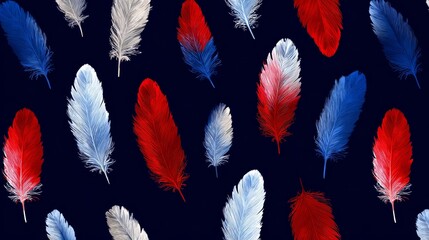 Colorful artistic pattern of red, white, and blue feathers on dark background, detailed decorative texture