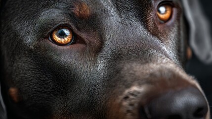 Close-Up Macro Photograph of a Dog's Intense Amber Eyes with Detailed Fur Texture, Black Nose, and Expressive Gaze on Dark Background Highlighting Pet Emotion and Loyalty