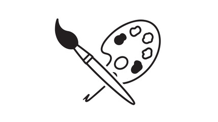Artists Palette and Brush in Simple Line Art Style with Black and White Color Scheme on Clean White Background for Graphic Design