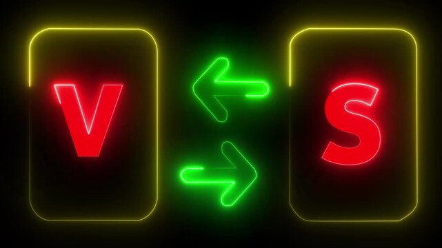 Glowing neon red color versus icon animation letter v and s. VS versus text icon animation on black background. Motion Graphic