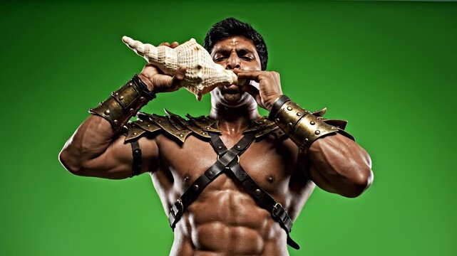 Muscular Warrior In Costume On Green Screen.